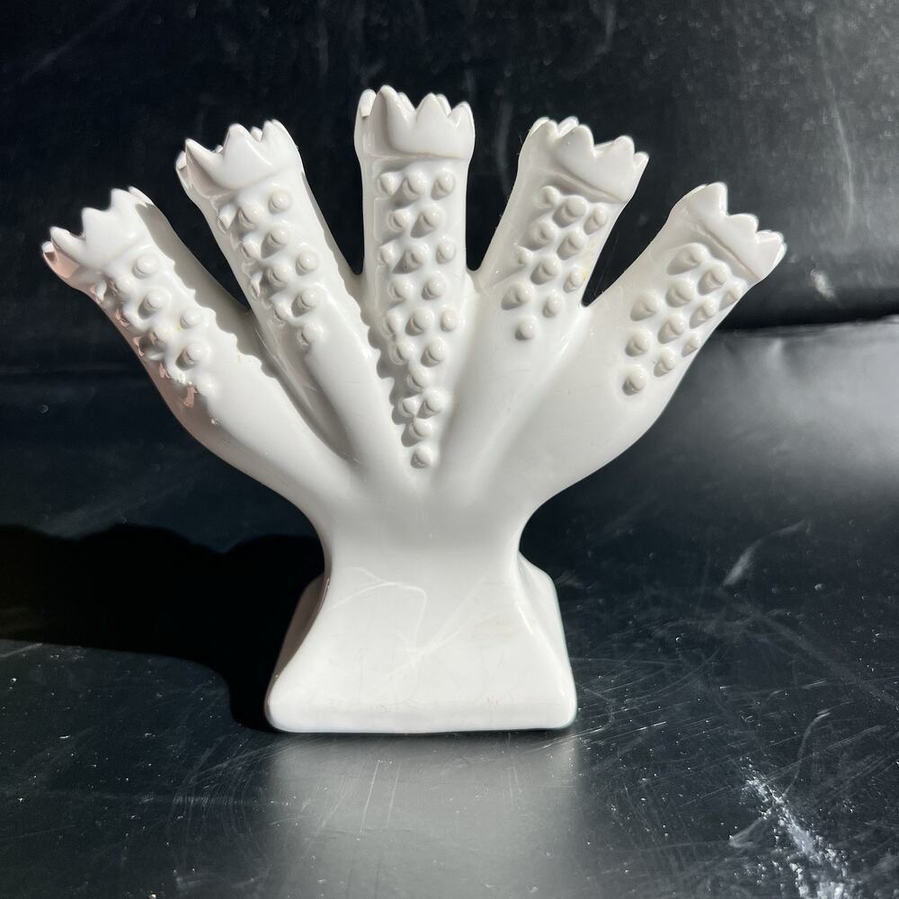 Vintage Portugal White Ceramic 5 Finger Hobnail Tulipiere Bud Vase Scalloped Fan